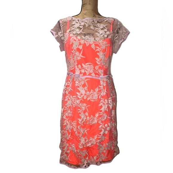 NWT Nanette Lepore Waldorf Girl Sheath Orange Crepe w/Lavender Lace Dress 10 - Picture 2 of 14